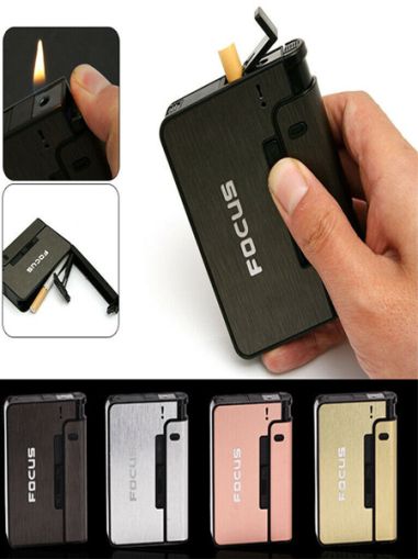 FOCUS Automatic 10pcs Metal Cigarette Case Holder Box With Lighter